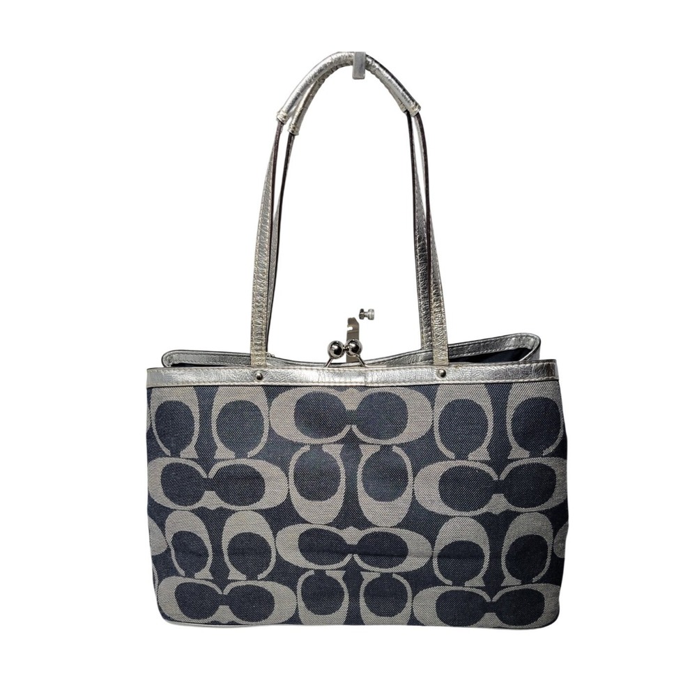Coach Signature C Denim‎ Tote Womens Large Blue Silver Excellent F19701 Kisslock - Picture 2 of 9